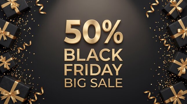 Golden fifty percent discount banner for major holiday shopping and promotional events