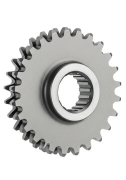 Precision-engineered metal gear with intricate toothed profile and central bore, isolated on a clean white background