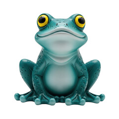 Fototapeta premium A glossy teal frog figurine with large yellow eyes and textured skin sitting on a white background