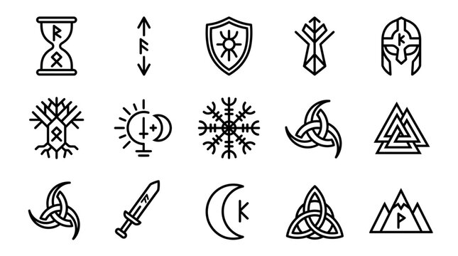Norse Viking Symbols Set: Runes, Helmets, Yggdrasil, Valknut, Triquetra