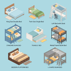 A collection of various isometric bed designs for interior design planning © Tama