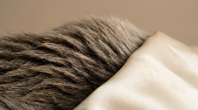 Close-up of soft brown animal fur gently touching human skin, showcasing natural textures