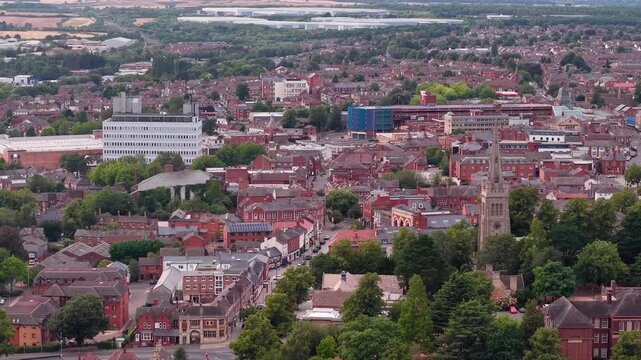 Aerial view of the town center of Kettering, England.