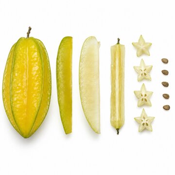 Starfruit Anatomy with Whole Fruit, Slices, Cross Sections and Seeds Isolated on White