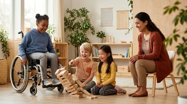 Diverse group of children playing a wooden block game with their teacher in a classroom.