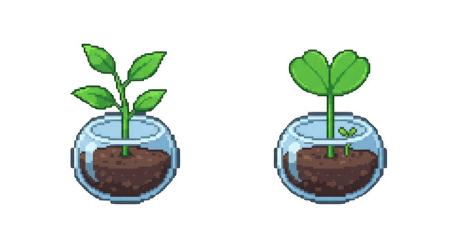 Pixel Art Plants Growing in Glass Pots, Digital Illustration