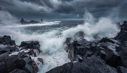 Fototapeta premium Massive ocean waves crash violently against dark volcanic rock cliffs during a stormy day