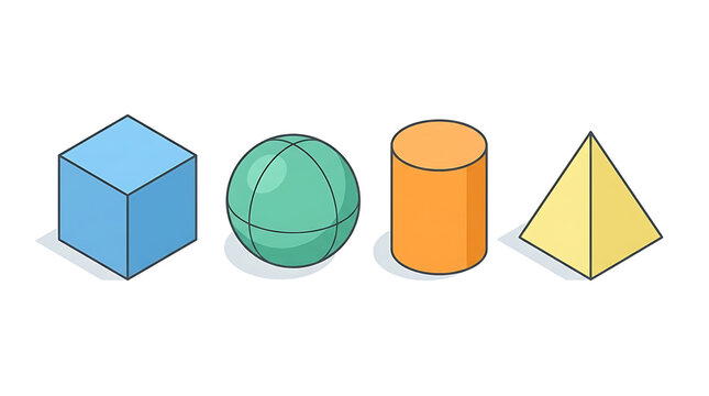 Set of Geometric Shapes Cubes Sphere Cylinder and Pyramid in Isometric View on White Background