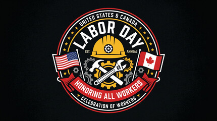 Fototapeta premium Labor Day badge logo honoring US and Canadian workers on black background.