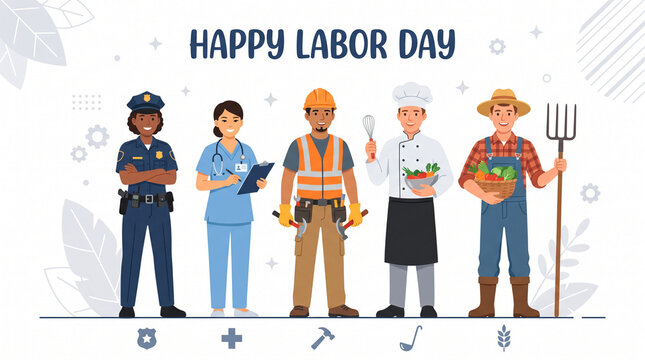 Illustration of diverse essential workers for Labor Day.