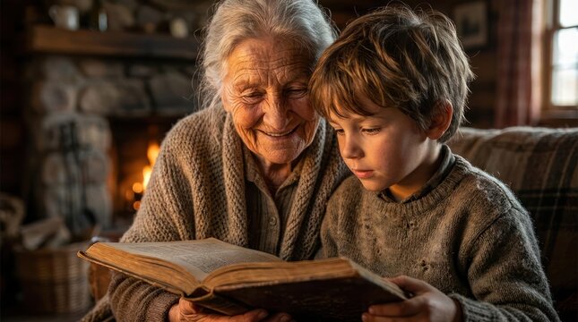 Grandmother and grandson reading book in cozy home.