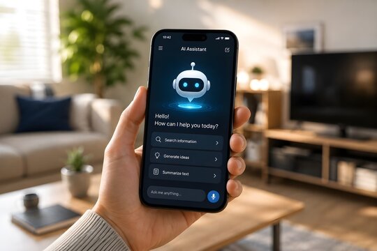 Realistic smartphone displaying an AI assistant application in a warm modern home interior
