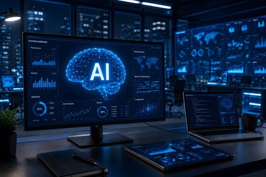 Futuristic AI command center with real-time data monitoring dashboards and nighttime city view
