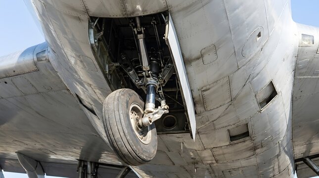 Detailed close-up of airplane landing gear, extended nose wheel and strut mechanism under the fuselage, revealing worn tire and aircraft structure.