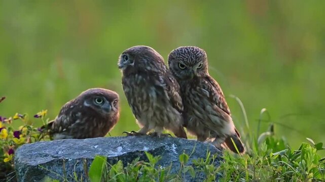 Three Young Little Owls Perched Together