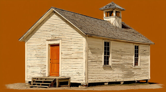 Small rural wooden schoolhouse building in a field with schoolhouse building education