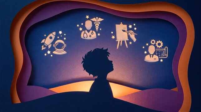 Child silhouette dreaming of future career paths.