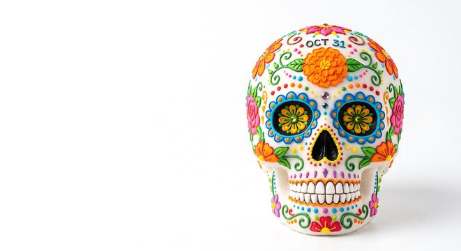 Colorful sugar skull with floral pattern for Halloween. Traditional Mexican style ornament for Day of the Dead celebration. Decorative object isolated on white background with copy space.