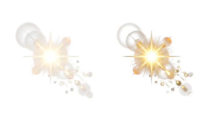 Two glowing golden star light bursts with lens flares and sparkles, luminous
