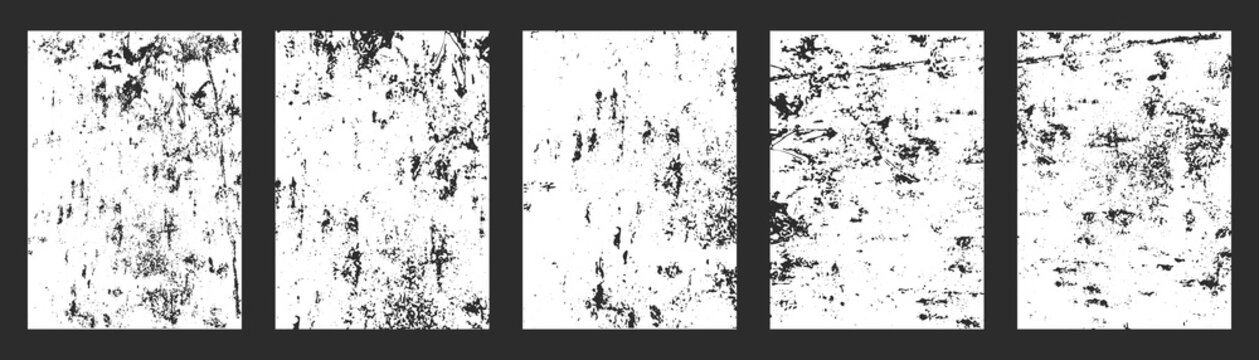 Vector set of grunge distressed texture vertical backgrounds. Abstract concrete overlay pattern.