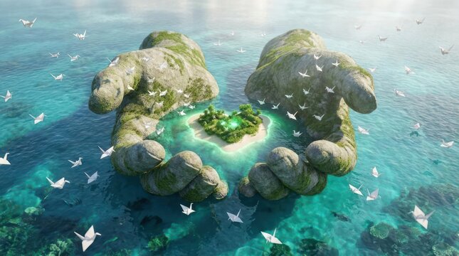 Giant stone hands forming heart shape around tropical island.