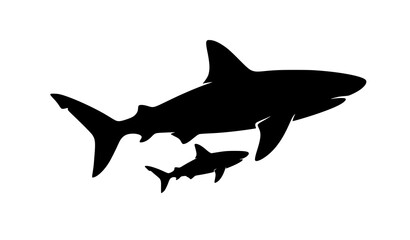 Fototapeta premium Large shark with baby shark silhouette illustration, parent and juvenile marine predator swimming in diagonal composition on white vector