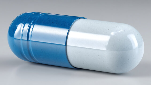 A single blue and white pharmaceutical pill isolated against a clean neutral background