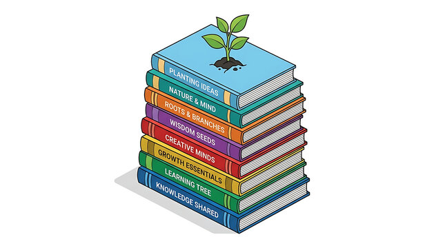 Stack of Pixelated Books with a Growing Plant on Top Representing Knowledge and Growth