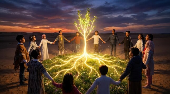 Children around glowing tree of light in desert.