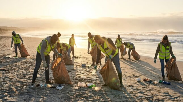 Group of volunteers cleaning plastic trash on sunny beach.