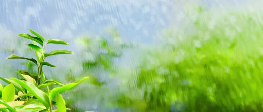 Lush green tree leaves frame the left foreground, set against a soft blurred background of rippling water reflecting vibrant natural light, creating a serene botanical copy space scene.