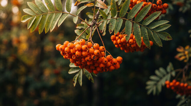 Clusters of vibrant red rowan berries hanging from green leaves in a softly blurred woodland setting