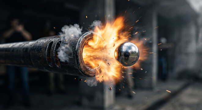 Close-up high-speed shot of a shiny metal ball firing from a gun barrel with flames and sparks.