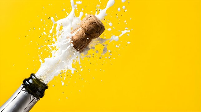 Champagne bottle popping with foam splash on a yellow background