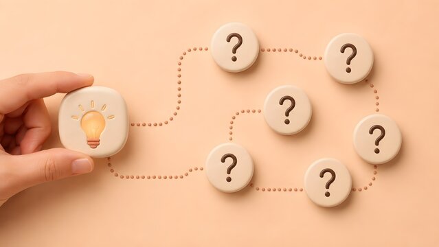 Creative workflow mapping concept featuring hand connecting soft clay lightbulb idea to question mark tokens on pastel background