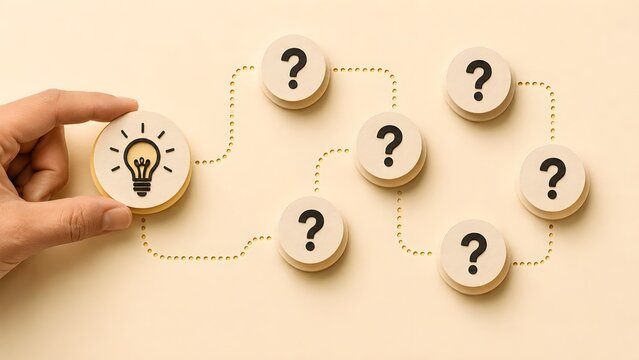 Business strategy mapping concept showing hand connecting wooden idea lightbulb token to question marks for problem solving