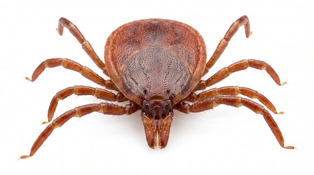 A close-up, high-detail studio photograph of a single, engorged brown tick with eight legs, isolated on a pure white background.