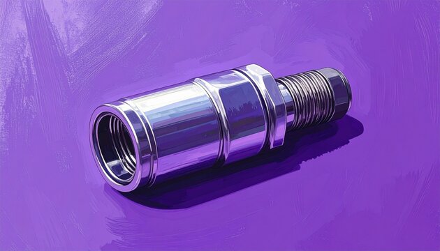 Close up of a metallic threaded connector on purple background.