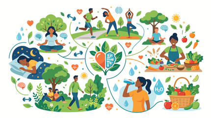 Obraz premium Holistic Healthy Lifestyle A vibrant illustration showcasing balanced living through exercise, nutrition, sleep, meditation, and hydration for overall well-being
