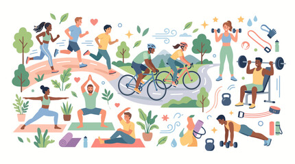 Fototapeta premium Diverse people engaged in various fitness activities like running, cycling, yoga, and strength training, promoting a healthy and active lifestyle