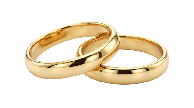 Two elegant gold wedding rings interlocking on a white background with gold band