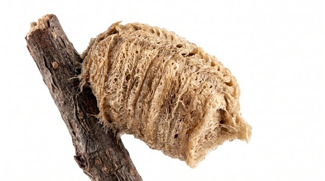 A close-up, isolated shot of a praying mantis egg case, also known as an ootheca, attached to a twig against a white background.