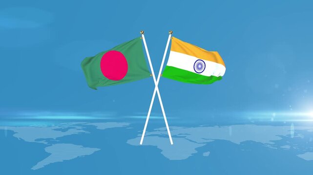 Bangladesh vs India flag wave on global earth map.