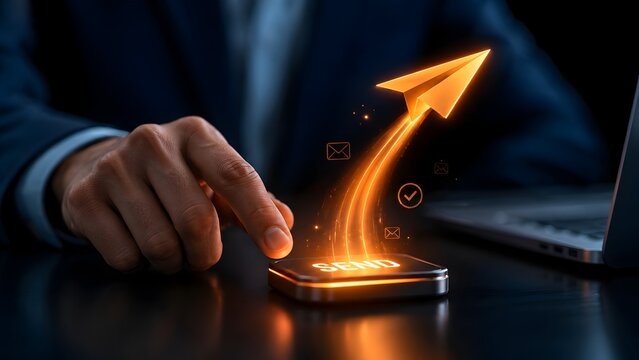 Fast digital communication concept with a hand pressing a glowing send button launching a futuristic orange paper airplane and email icons.