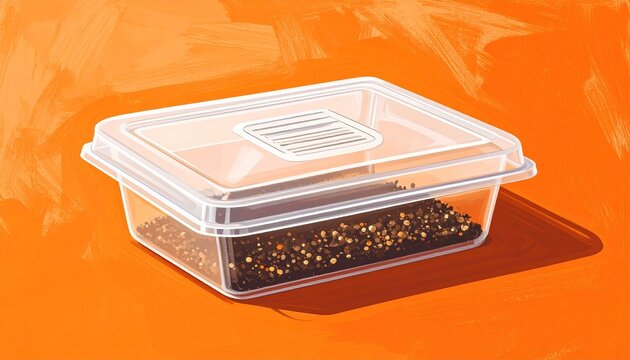 Clear plastic container with seeds on orange background.