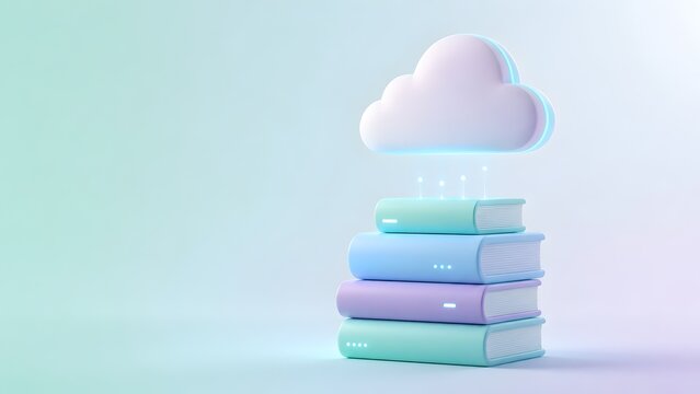 Minimalist 3d illustration of pastel colored books connecting to a digital cloud for online library and e-learning storage concepts.