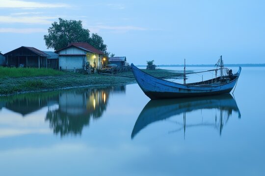 Serene fishing boat on calm river near village at dawn with reflection and blue sky