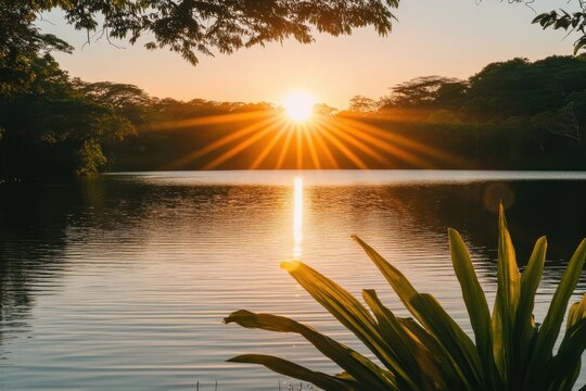 Sunset lake calm water golden sky tree silhouette reflection tranquil landscape