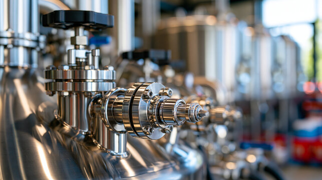 Detailed macro view of stainless steel valves, sanitary fittings and polished reactor walls with blurred fermentation tanks in the background, industrial engineering concept, ultra photorealism, cin