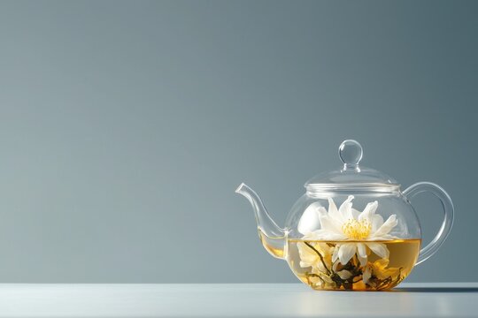 Glass teapot with blooming flower tea on gray background